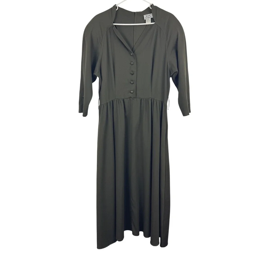 Vintage 80s Olive Green Midi Dress Prairie Cottagecore Dark Academia USA 13/14 - Picture 3 of 11